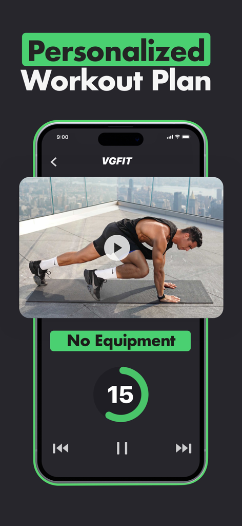 A smartphone screen displaying a personalized bodyweight workout with a video guide and a 15 second timer.