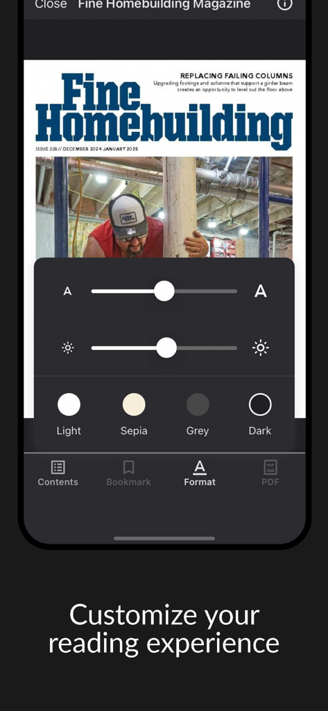 Fine Homebuilding Magazine - Customize reading experience settings in the Fine Homebuilding Magazine app showing font size and theme options