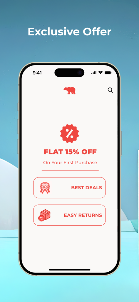 The Bear House mobile app showing a 15 percent discount offer for first-time buyers.