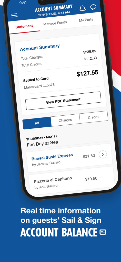 Carnival HUB app screen displaying the Sail and Sign account balance and transaction history