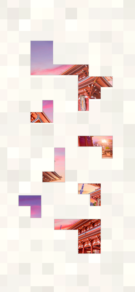 Bonza Jigsaw에서 일몰 시 일본 사원을 보여주는 직소 퍼즐 조각