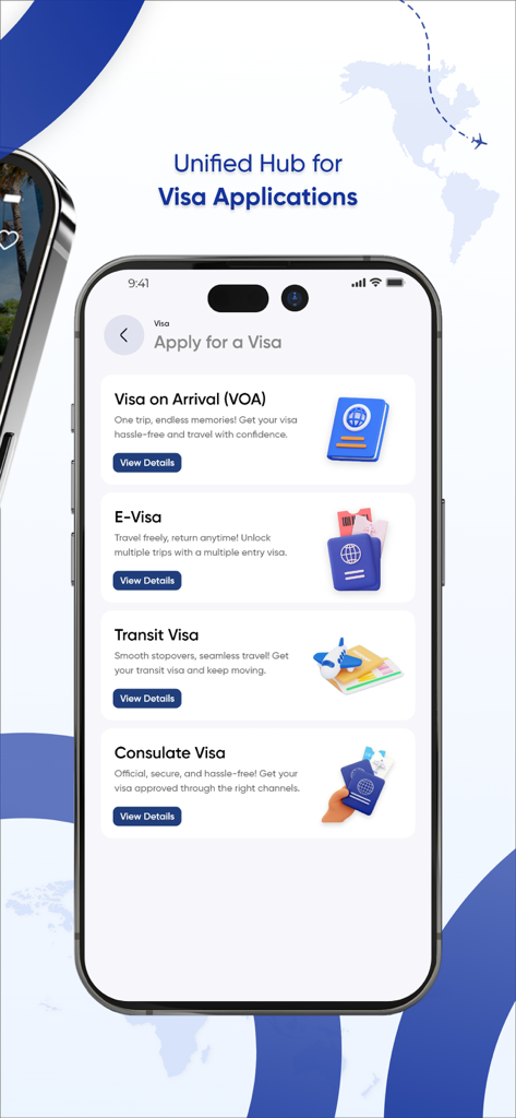 Malaysia Truly Asia - Smartphone screen showing the Malaysia Truly Asia app visa application options including E-Visa and Transit Visa