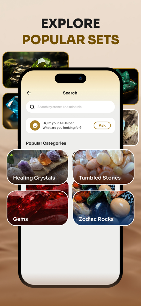 Rock Scanner: Identify Stone - Rock Scanner app screen showing a search bar and popular categories like healing crystals gems and zodiac rocks