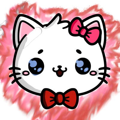 kawaii cat with a bow tie hanging from his ear