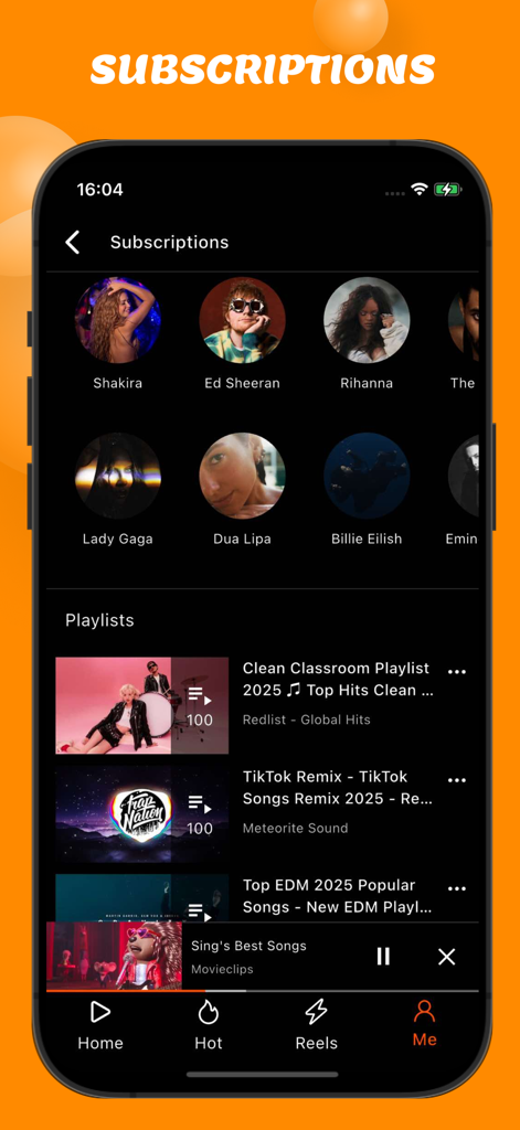 OneTube App-Oberfläche, die Künstler-Abonnements und personalisierte Musik-Playlists mit einem Mini-Player unten anzeigt