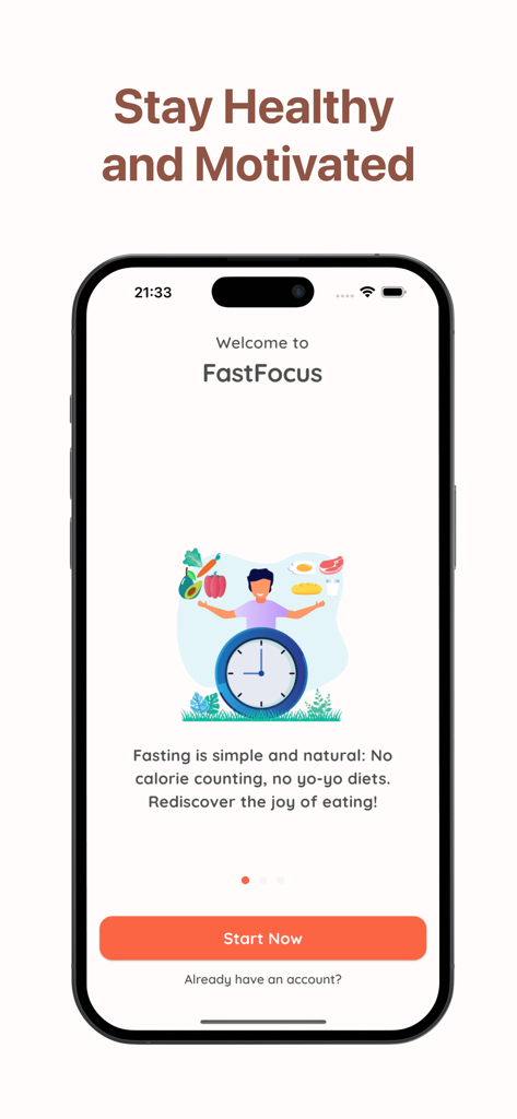Fasting Timer & Water Tracker - Schermata di benvenuto dell'app FastFocus che mostra un'esperienza di onboarding minimalista per il digiuno intermittente
