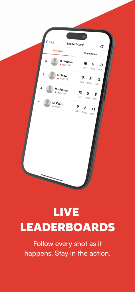 Putt - Mobile app screen showing a live golf leaderboard with player rankings and scores
