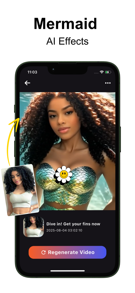 Aureel - Ai Video Generator - Interfaz de la aplicación Aureel que muestra una foto transformada en una sirena con efectos IA