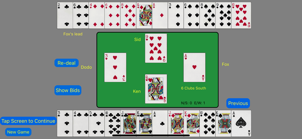 Masters Bridge card game interface showing a digital table with played cards and player hands