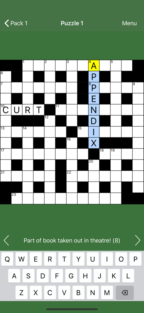 A mobile interface for the Best Cryptic Crosswords app featuring a crossword puzzle grid with the word appendix highlighted and a clue displayed at the bottom.