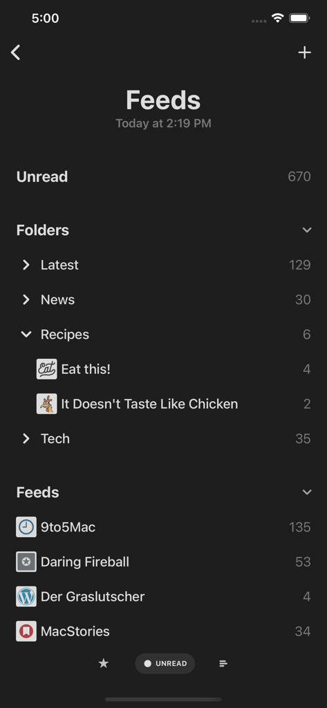 Main feeds screen of the Reeder Classic app in dark mode showing folders and RSS feed sources with unread article counts.