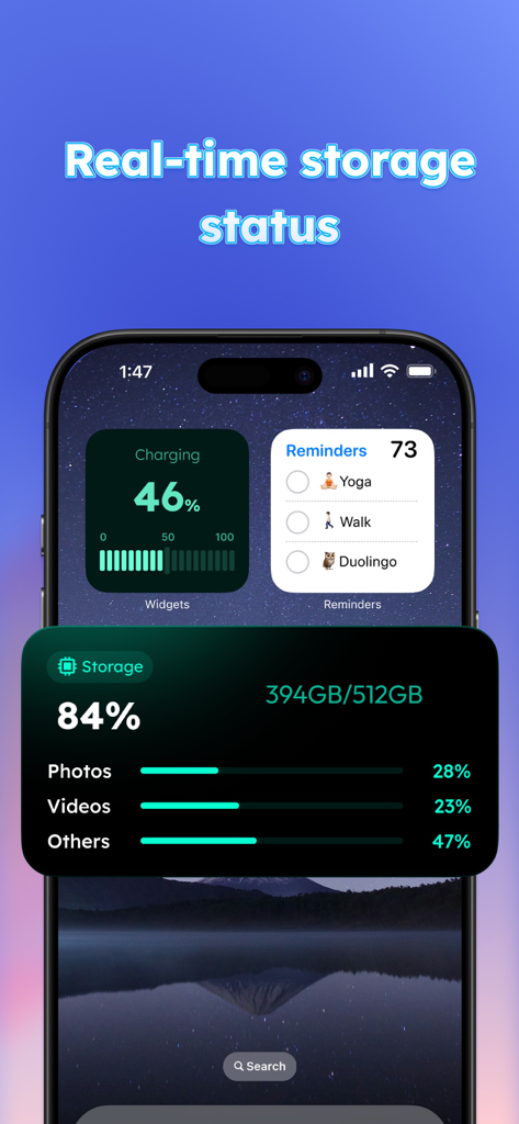 Phoenix Cleaner: AI Cleaner - iPhone home screen widget showing real time storage status for photos videos and memory usage