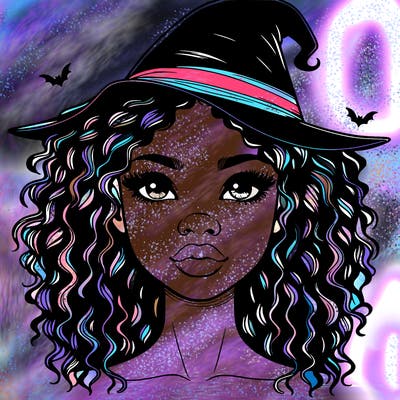 realistic black girl with wavy hair and witch hat and nose and lips