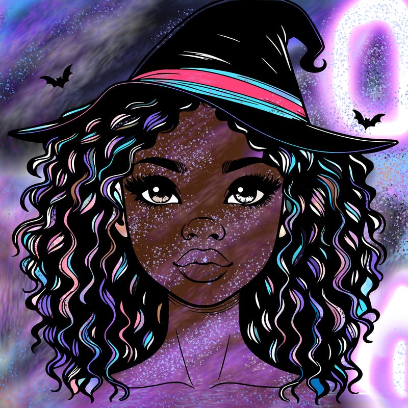 realistic black girl with wavy hair and witch hat and nose and lips