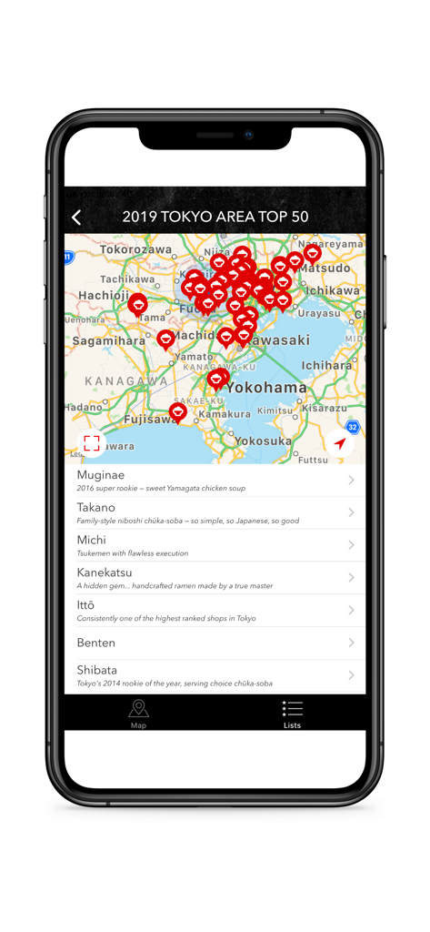 Map view of the top 50 ramen shops in Tokyo on the Ramen Beast app.