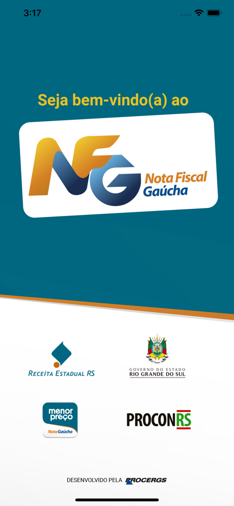 Nota Fiscal Gaúcha - Oficial - Welcome screen of the Nota Fiscal Gaucha official app showing the program logo and Rio Grande do Sul government institutions.