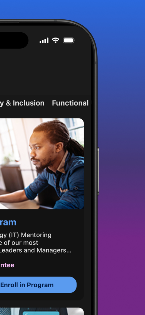 MentorcliQ - MentorcliQ mobile app interface showing a corporate diversity and inclusion mentoring program enrollment screen on an iPhone