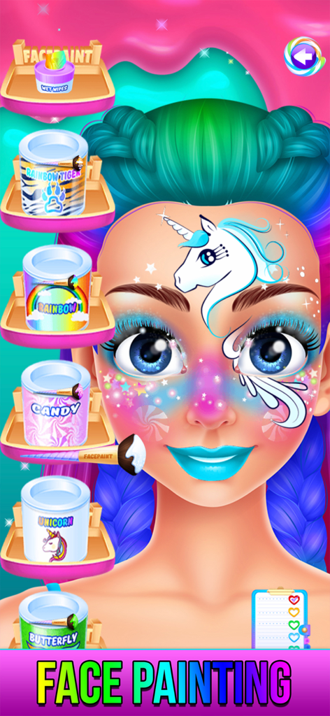 Rainbow Unicorn Candy Salon - Ein Mädchen mit einem weißen Einhorn-Kinderschmink-Design und buntem Glitzer-Make-up im Rainbow Unicorn Candy Salon Spiel.