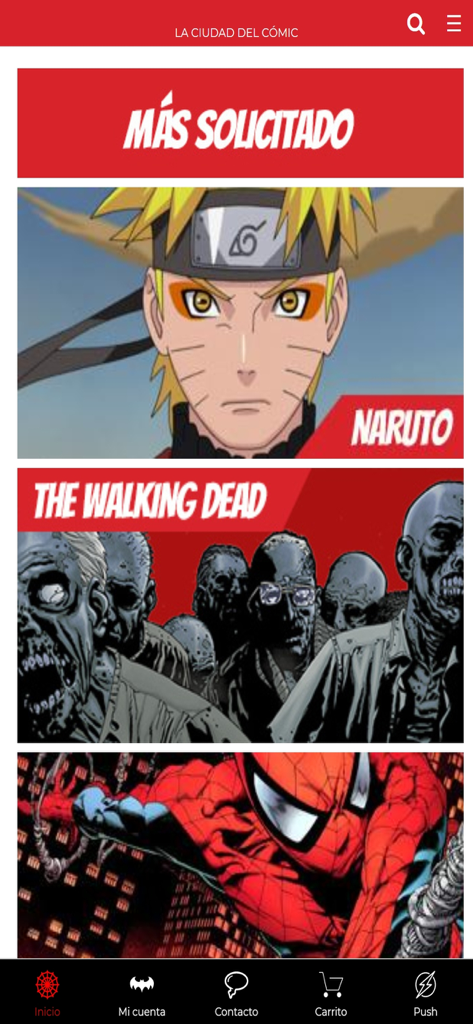 Tela inicial do aplicativo móvel Akira Comics apresentando títulos populares como Naruto, The Walking Dead e Spider-Man.