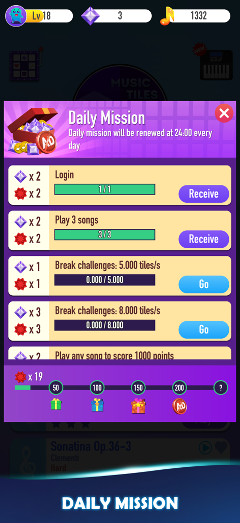 Schermata Missioni Giornaliere di Music Tiles 2 che mostra i premi per l'accesso e il completamento delle sfide musicali