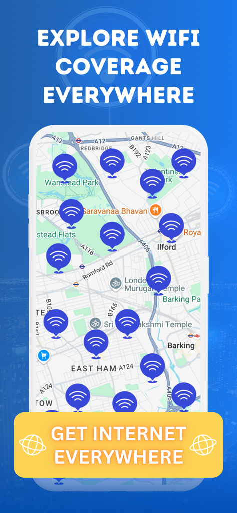 Une interface de smartphone montrant une carte avec de nombreuses icônes de signal WiFi et le titre Explorer la couverture WiFi partout.