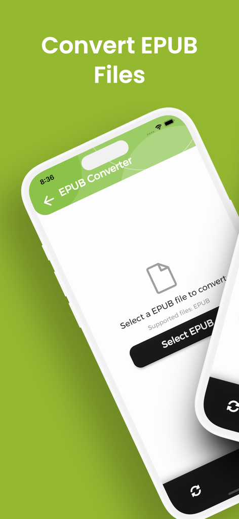 EPUB Converter, EPUB to PDF - Mobile screen of the EPUB Converter app displaying a button to select a file for conversion