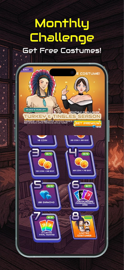 Love Couple Games - The monthly challenge screen in the Love Couple Games app featuring themed character costumes and unlockable rewards