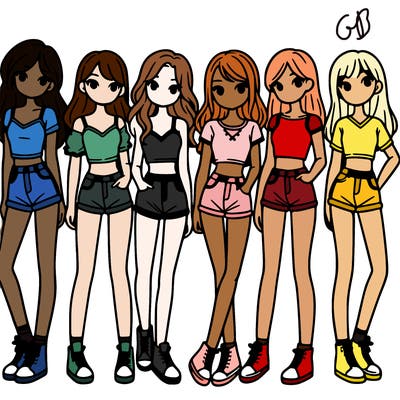 a group of girls wearing crop tops and shorts