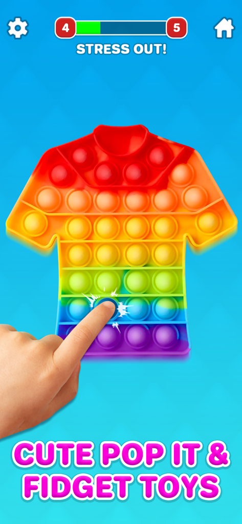 A hand popping a bubble on a rainbow-colored shirt-shaped fidget toy in the Pop It Fidget Toy 3D game.