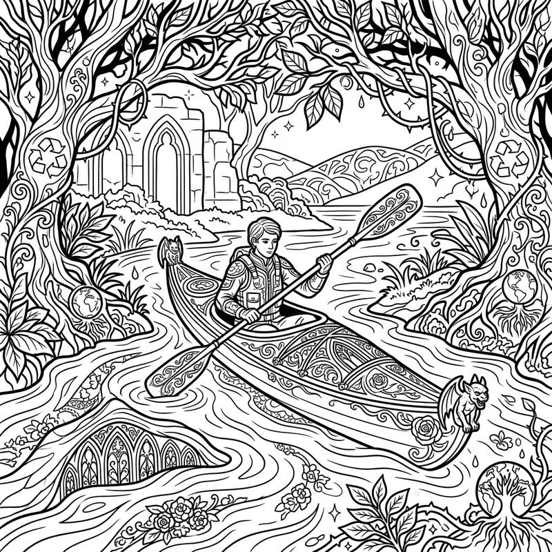 Embark on a distinctive coloring journey with our Gothic Kayak Earth Day page, blending adventure with environmental mindfulness. Discover intricate details and a serene yet mysterious landscape ready for your artistic touch.