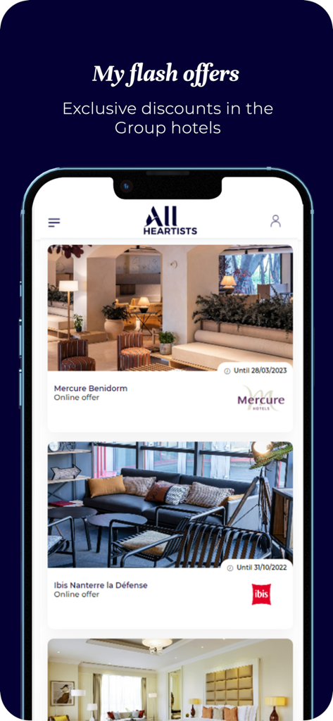 ALL Heartists program - Screenshot of the ALL Heartists app showing exclusive hotel flash offers for Accor employees