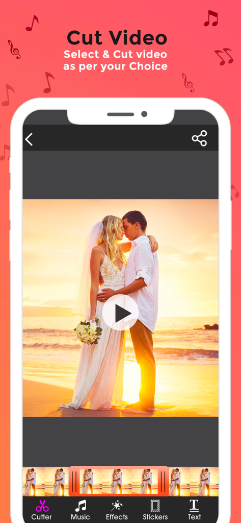 Clip Cutter app interface showing a wedding video being edited with tools for cutting, music, and effects.