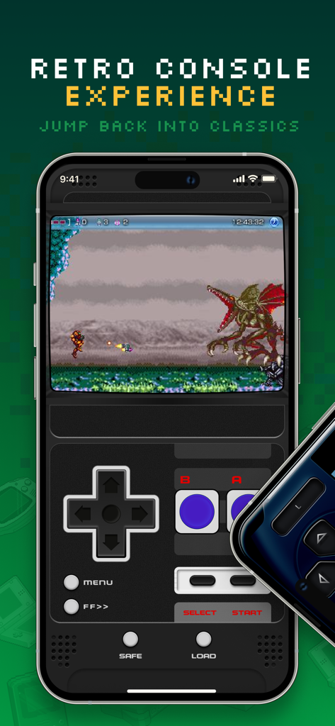 Gamebyte mobile app interface featuring a retro side-scroller game and virtual console controls