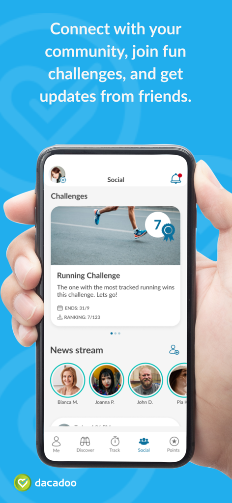 dacadoo - Smartphone screen showing dacadoo social feed with running challenges and friend updates