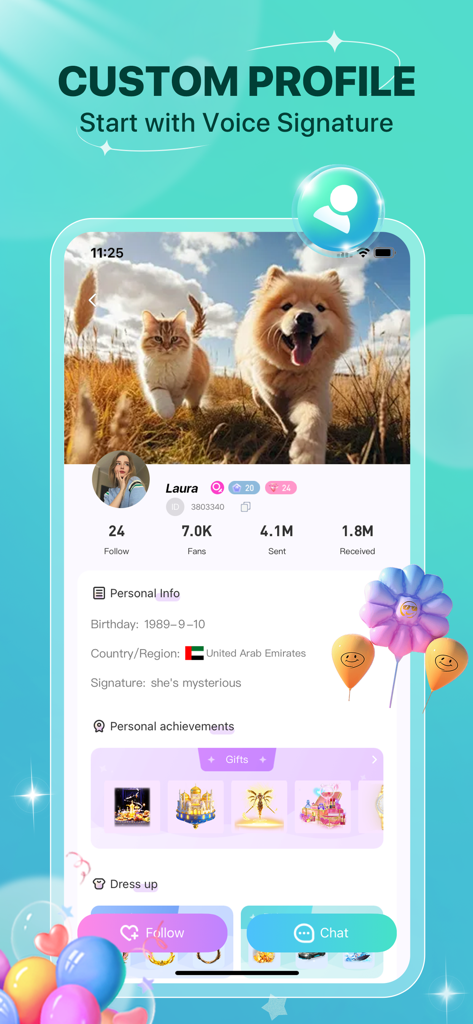 OneR: Live Voice Chat - Una captura de pantalla de la aplicación OneR mostrando un perfil de usuario personalizable con una firma de voz y regalos virtuales.