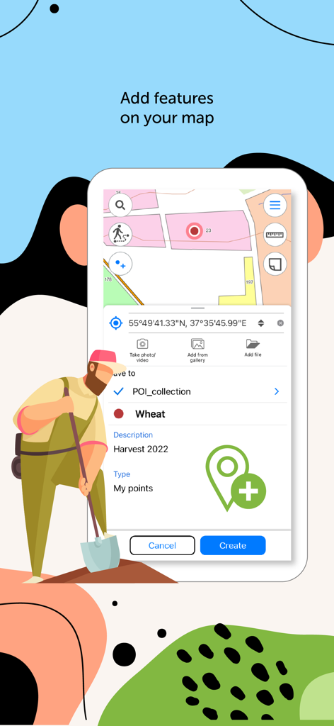 eLiteMap - Interface of eLiteMap app showing how to add a map feature with a description and location for agricultural field work