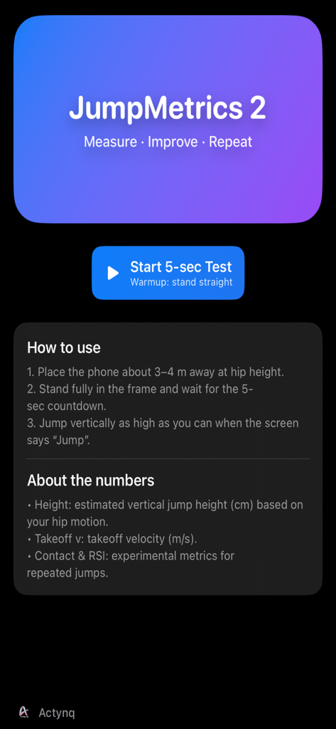 JumpMetrics app home screen with instructions on how to measure vertical jump height and velocity