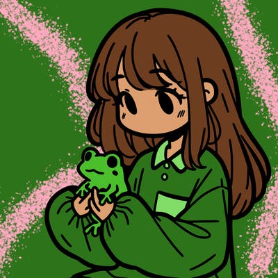 girl with long hair and a oversized shirt. and she is holding a frog