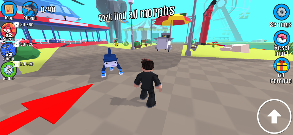 Find All Brainrot - Un personnage 3D explorant un parc coloré pour trouver et collectionner des morphs de mèmes dans le jeu Trouver Tout le Brainrot.