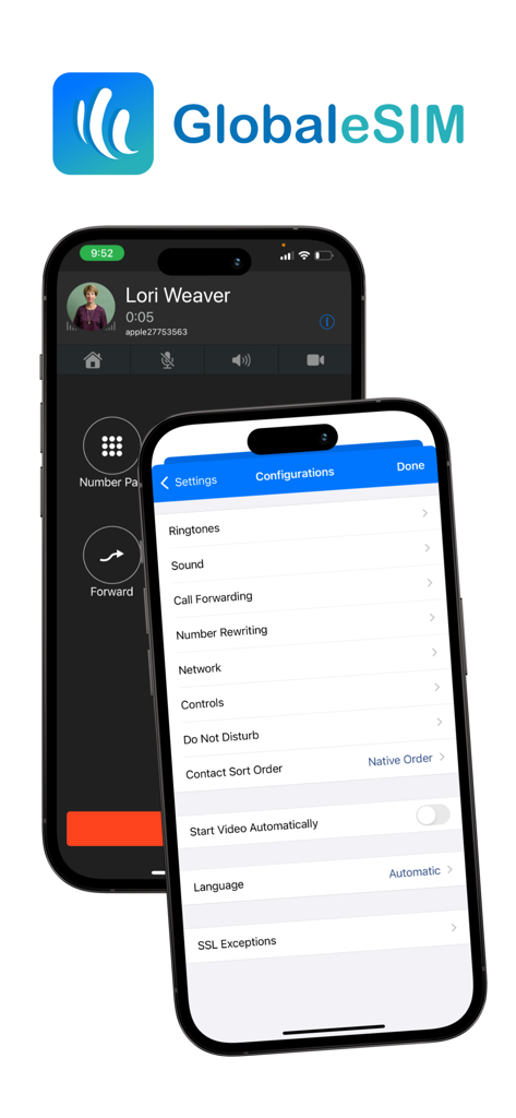 GlobaleSIM - Pantalla de la aplicación GlobaleSIM mostrando una pantalla de llamadas y un menú de configuración en dos iPhones