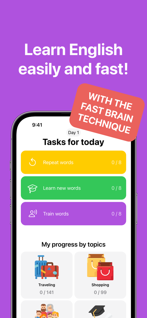 Excellent English - Excellent English app dashboard showing daily learning tasks and vocabulary progress by topics
