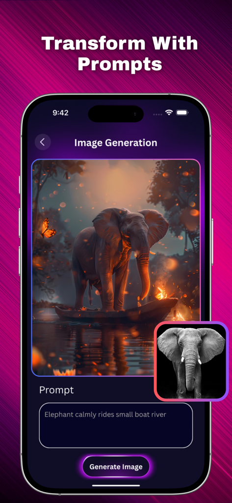 AI PHOTO EDITOR++++ - Interfaz de la aplicación de edición de fotos AI mostrando una imagen de un elefante generada a partir de una indicación de texto.