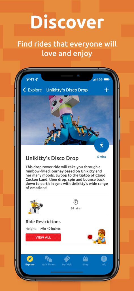 Screenshot of the LEGOLAND California app showing details for Unikitty's Disco Drop ride including wait times and height restrictions