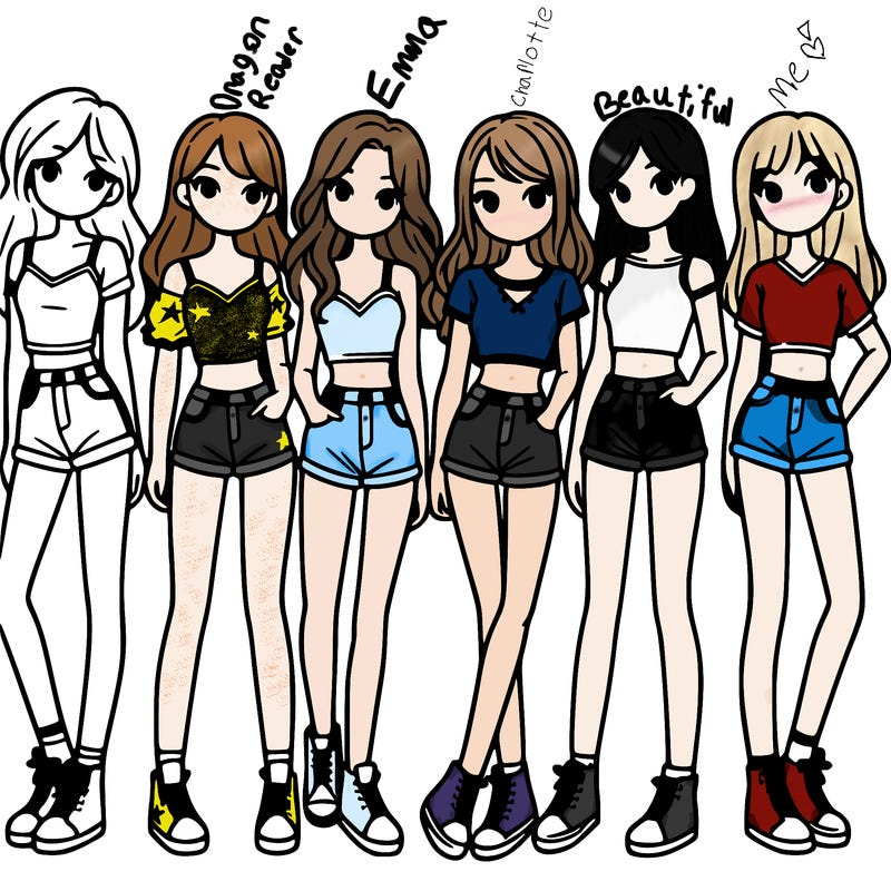 a group of girls wearing crop tops and shorts