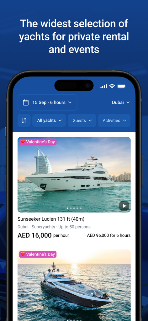 Renty mobile app interface displaying luxury yacht rentals and pricing in Dubai
