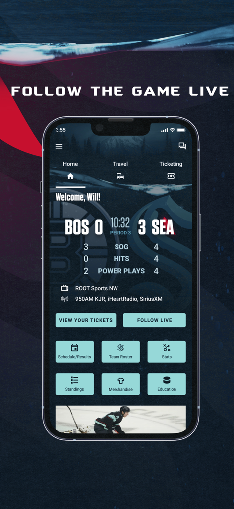 Seattle Kraken - Seattle Kraken app home screen displaying live hockey game scores and stats