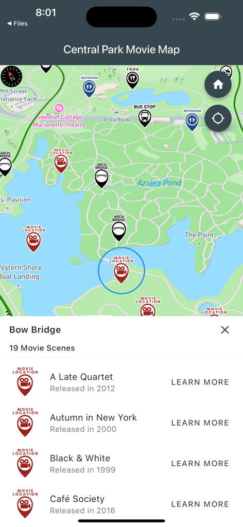 Central Park Movie Map - Map of Central Park movie locations showing films shot at Bow Bridge.
