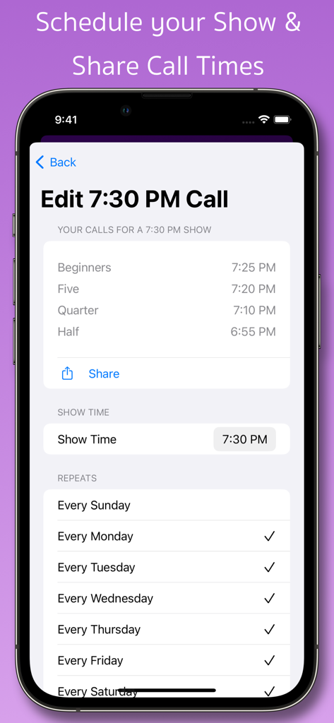 Interface pour modifier les heures d'appels du théâtre et programmer les répétitions de spectacle dans l'application Show StopWatch.