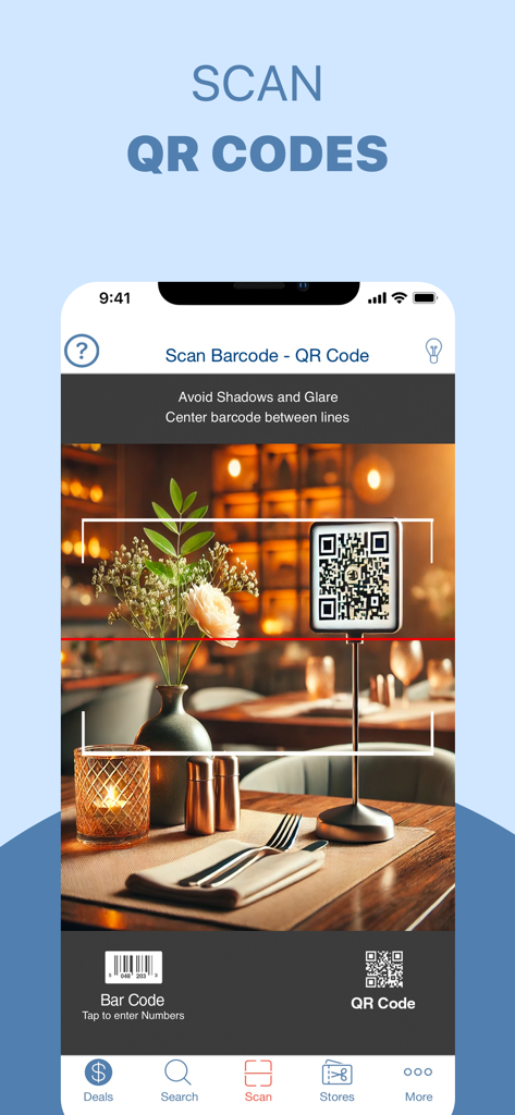 QR Code Reader Barcode - Pantalla de iPhone escaneando un código QR en un restaurante usando la aplicación BuyVia