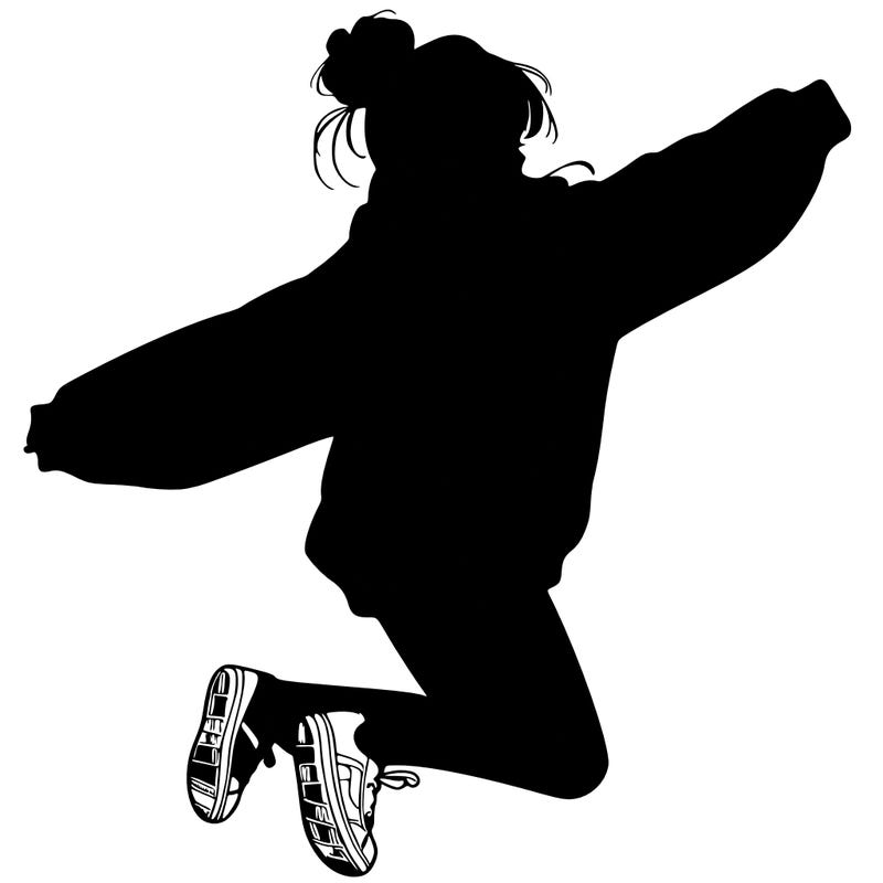 realistic girl jumping with a bun and oversized sweatshirt